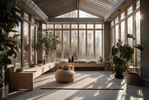 Conservatory, Contemporary Japandi, Minimalist, Scandinavian Interior Design with Clean Lines, Natural Lighting, and Soft Neutral Colors. Hygge architecture. Generative AI