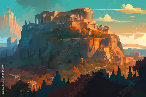 The striking beauty of the ancient Acropolis. digital art illustration. generative AI.
