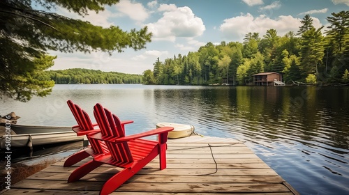 Two red adirondack chairs on a wooden dock on a lake - generative ai