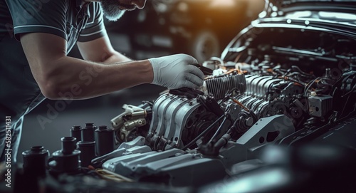 repairman hands repairing a car engine automotive workshop with a wrench, Automobile mechanic car service and maintenance, Repair service 