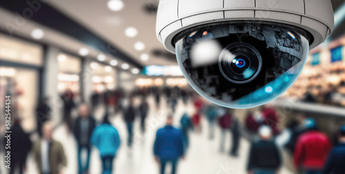 Close-up of a security camera lens monitoring crowd in a shopping center. Generative AI illustration