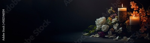 Burning Candles and Flowers on Black Background - Funeral Concept with Space for Text. Generative AI.