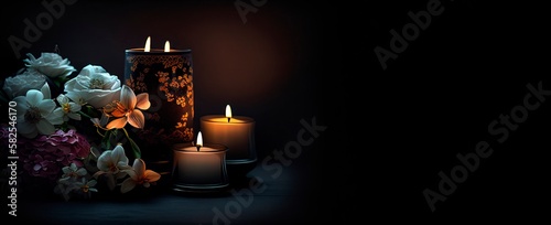 Burning Candles and Flowers on Black Background - Funeral Concept with Space for Text. Generative AI.