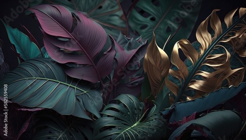 Tropical jungle leaves in deep dark colors baroque background concept generative ai