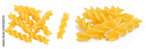 raw Fusilli pasta, isolated on white background with full depth of field. Top view. Flat lay
