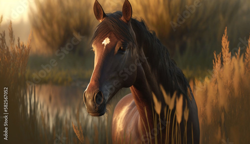 Thoroughbred horses walking in a field at sunrise