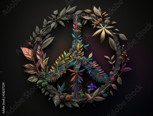 Peace symbol made by floral elements created with Generative AI technology