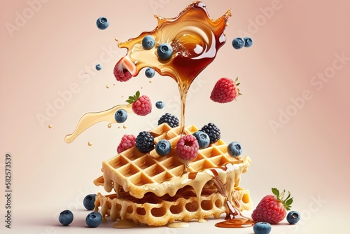 Flying waffles and butter getting dripped with maple syrup and berries over a pastel backgroun. AI generation