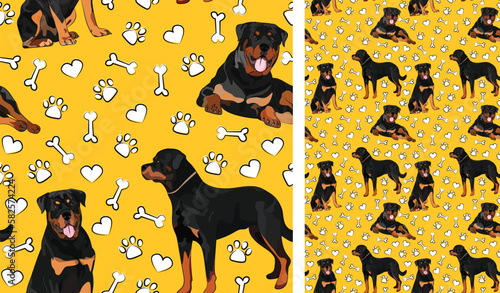 Rottweiler dog on a playful yellow background with bones and paws. Funky, colorful vibe, vibrant palette. Simple, clean, modern texture. Summer seamless pattern with dogs. Birthday present. Love style