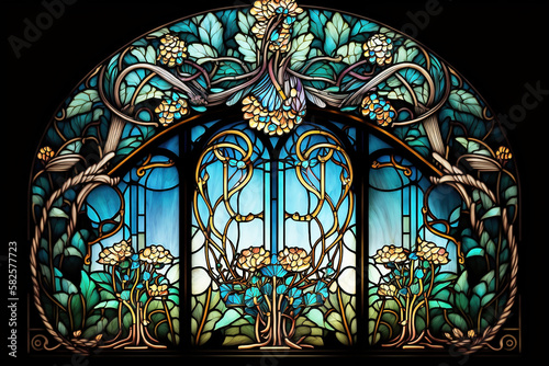 Art nouveau style stained glass window with vines and plants. Generative AI.