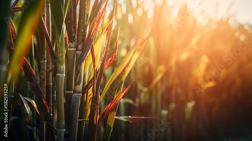 Sugar cane in plantation with sunlight. Generative AI