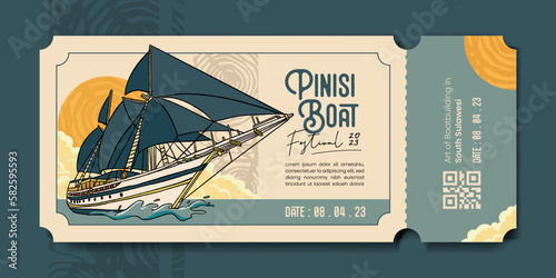 Transportation event voucher ticket with Pinisi Boat South Sulawesi hand drawn illustration