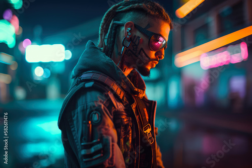 Neon-lit mercenary with a tough and gritty expression, set against a dark and moody cyberpunk cityscape, generative ai