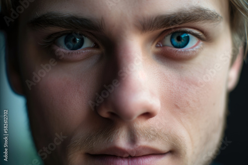 Serene close-up of a man's blue eyes with soft blue eyelashes and a hint of pink on his cheeks, generative ai