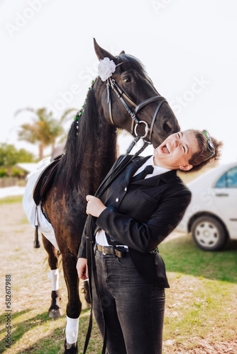 Female rider and her horse funny portraits