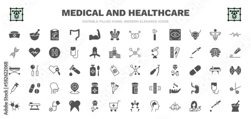 set of medical and healthcare filled icons. medical and healthcare glyph icons such as nurse cross, x ray of bones, p, caduceus, plastering, cells in a circle, cure, medicine capsules, phary tool