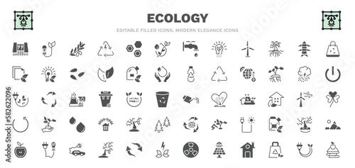 set of ecology filled icons. ecology glyph icons such as dam, olives on a branch, oil drops, electric station, warming, watering can, tree with many leaves, eco energy car, and books vector.