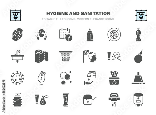 set of hygiene and sanitation filled icons. hygiene and sanitation glyph icons such as hygienic pad, appointment book, antibacterial, paper towel, scrub up, epilator, baby wipe, cosmetics, flossing,