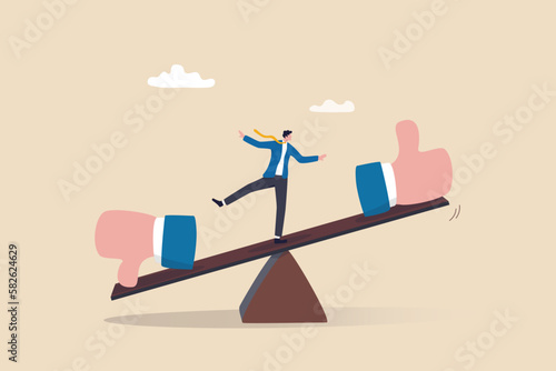 Demerit and merit evaluation, advantage and disadvantage in comparison, performance assessment, manager evaluation, judgment concept, businessman balance on seesaw with thumb up and thumb down.