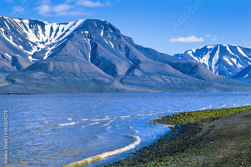 Scenic view at a fjord and mountains at spitsbergen