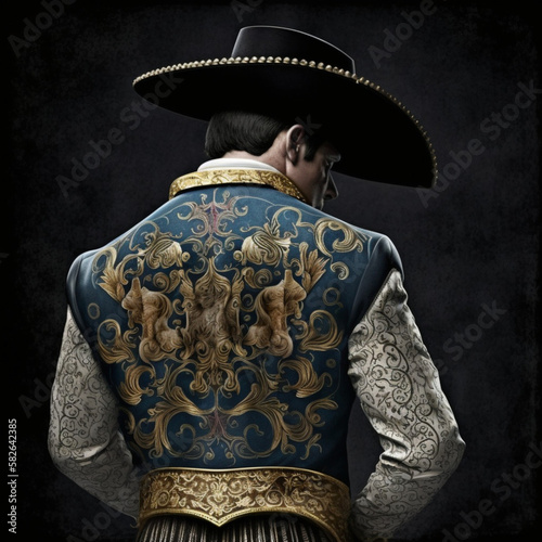 Back view of a bullfighter on a dark background. 