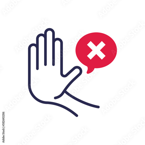 Warning symbol. Stop hand gesture and speech bubble with cross mark. Refusal, personal boundaries, ability to refuse. Modern vector illustration of restriction.