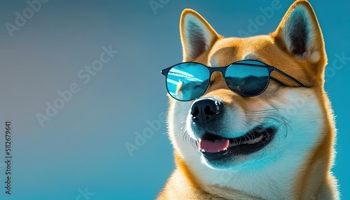  Shiba inu dog in glasses, isolate on trendy blue background. by ai generative