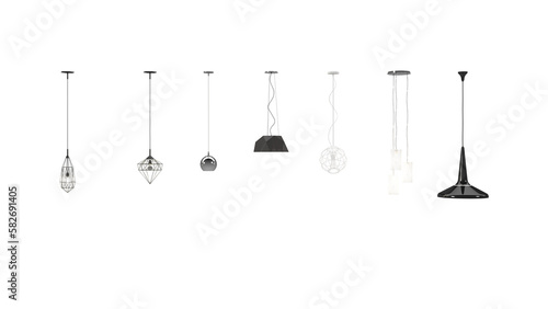 3d rendering PNG interior decor home light set, Set of different modern hanging lamps on white background