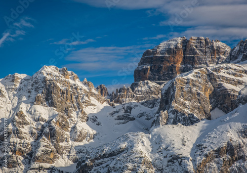 Famous Italian Alps Brenta Dolomites, snow on the slopes of the Alps Madonna di Campiglio, Pinzolo, Italy. Ski resorts in Italy. January 2023