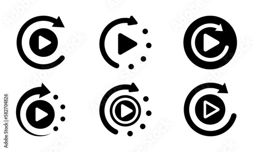 Set of replay vector icons. Restart video. Circular arrows with play buttons. Vector 10 Eps.