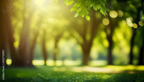 Bokeh Sunlight in a Green Park Creates a Beautiful Abstract Blur Background, Generative AI
