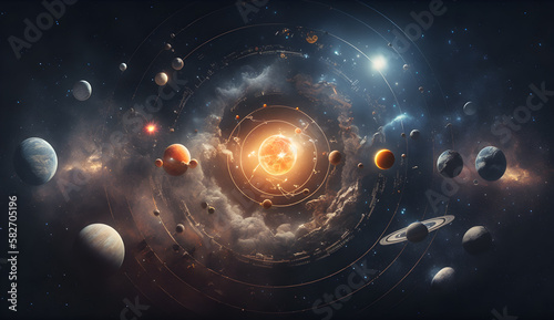 stunning depiction of solar system with planets in orbit and interstellar clouds in a galaxy