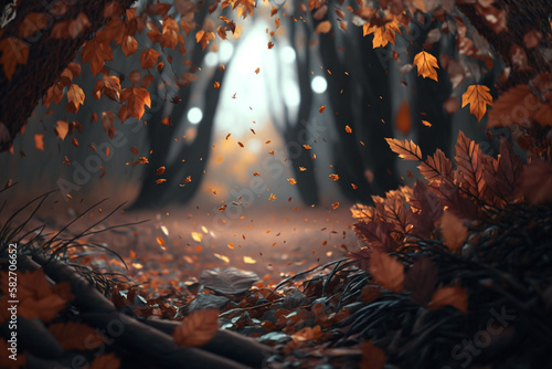 autumn alley with falling yellow leaves Generative AI