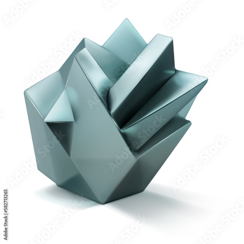 Low poly 3d shape as a abstract crystal polyhedron in silver color with a shadow on a white background