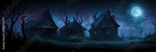 Abandoned houses in a spooky place on a full moon night Generative AI