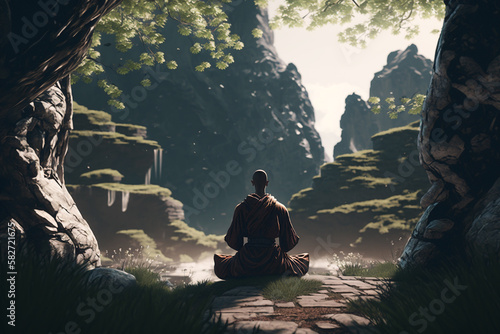 a monk meditating in nature, created by a neural network, Generative AI technology