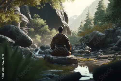 a monk meditating in nature, created by a neural network, Generative AI technology