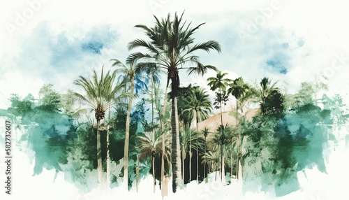 AI-generated illustration: watercolor landscape of palm trees in a tropical setting. Inspired by contributor's own photography. MidJourney.