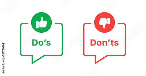 Do and Don't thumbs icon. dos and donts in speech bubble icon, thumb up and thumb down icon button - like and dislike or unlike, good and bad, positive and negative, icons. vector illustration