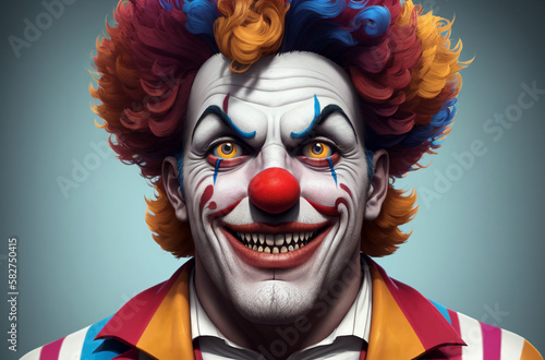 Male clown. Portrait of happy jester in bright style. Generative AI.