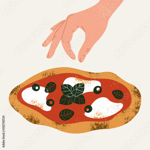 Traditional italian pizza. A hand decoration pizza with basil leaves. Textured vector illustration. Vector illustration