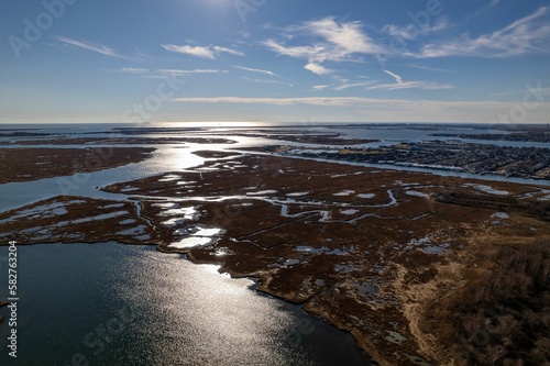 Aerial view of the salt marsh area of Freeport, NY on a sunny day