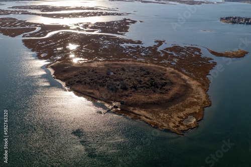 Aerial view of the salt marsh area of Freeport, NY on a sunny day