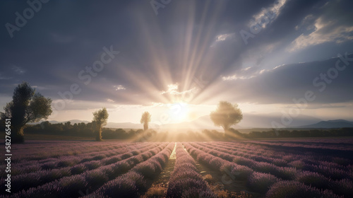 beautiful lavander field in tuscany at sunset
