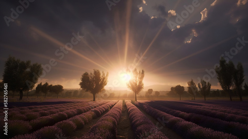 beautiful lavander field in tuscany at sunset