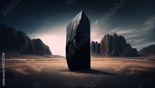 The Black Monolith in an Extraterrestrial Landscape. Discovery of Life Beyond Earth. Generative AI. Digital Art Illustration