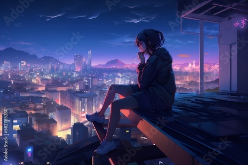 girl sitting on a ledge, cyberpunk, anime style. generative AI