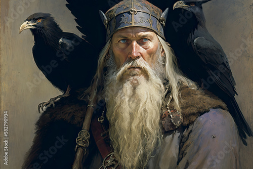 Odin Skandinavian god with his ravens Huginn, Muninn. Concept illustration. Sumarsdag holiday March 20th greeting card. Old classic painting stylisation