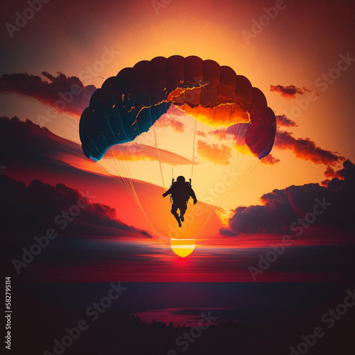 Skydiver in the air at sunset. Generative AI.