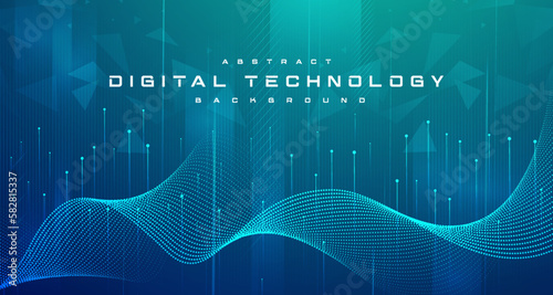 Digital technology banner green blue background concept, cyber technology circuit, abstract tech, innovation future data, internet network, Ai big data, futuristic wifi connection illustration concept